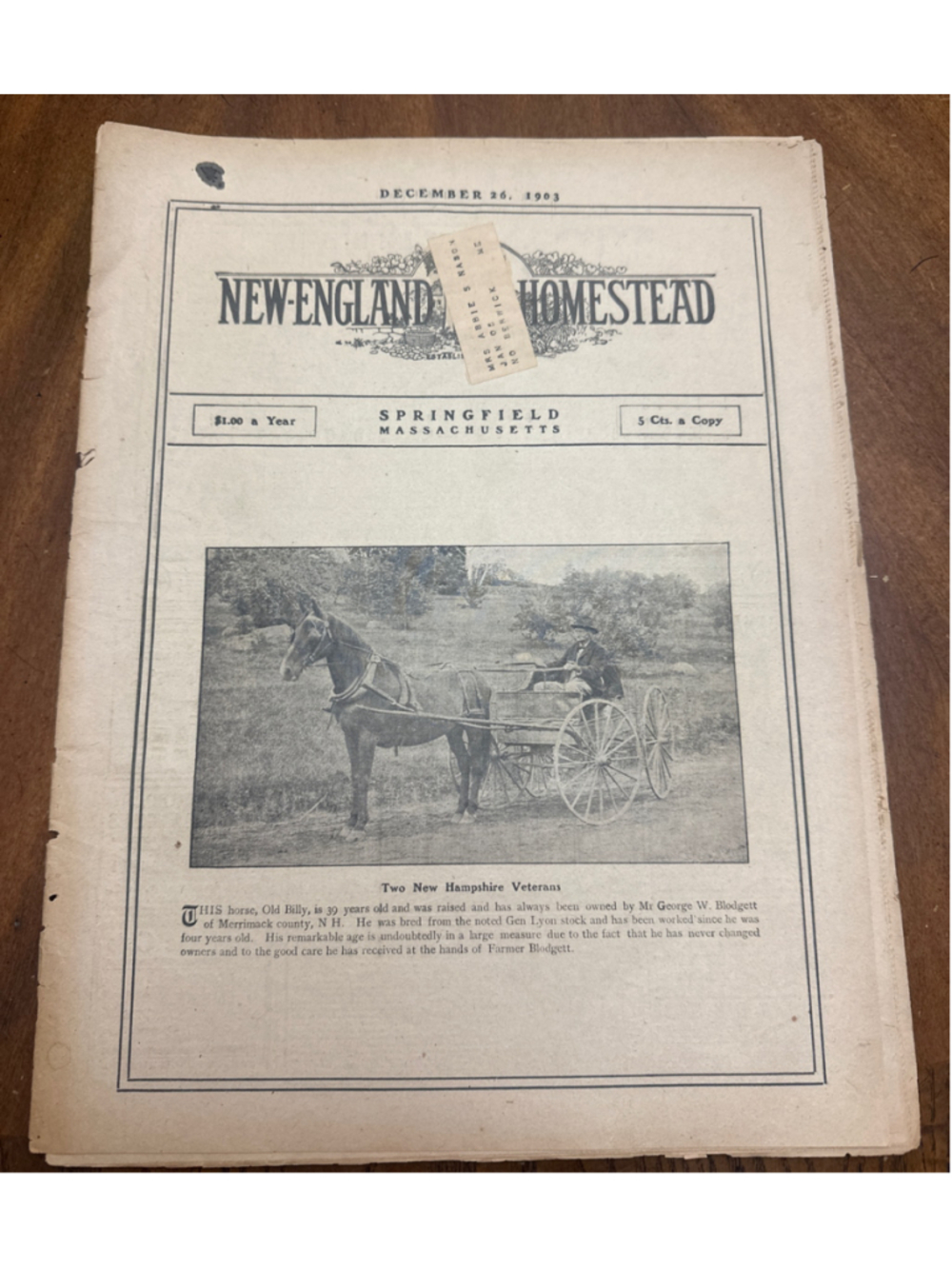 Vintage New England Homestead Newspaper Print December 26 1903 Beige Black